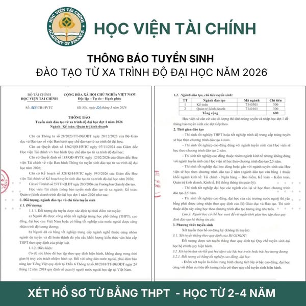 [THÔNG BÁO] HỌC VIỆN TÀI CHÍNH TUYỂN SINH HỆ CỬ NHÂN TỪ XA ĐỢT 1 2026