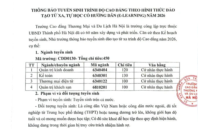 Thông Báo Tuyển Sinh Cao Đẳng Từ Xa (E-Learning) 2026 – Trường Cao Đẳng Thương Mại Và Du Lịch Hà Nội HCCT