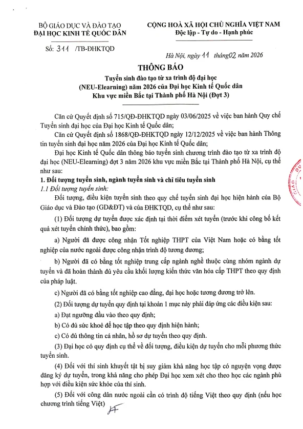 Th&ocirc;ng B&aacute;o Tuyển Sinh Hệ Đ&agrave;o Tạo Từ Xa  Đại Học Kinh Tế Quốc D&acirc;n NEU đợt 3 năm 2026