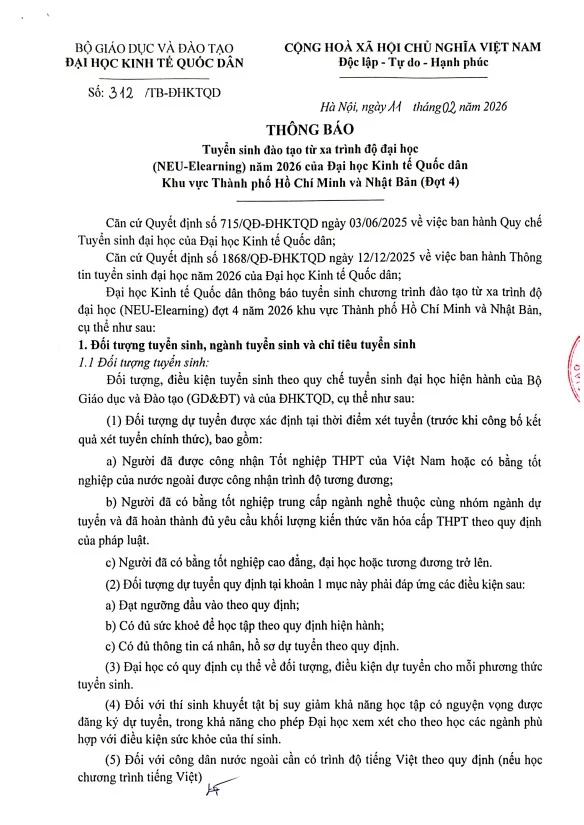 uyển sinh đ&agrave;o tạo từ xa tr&igrave;nh độ đại học (NEU-Elearning) năm 2026 của Đại học Kinh tế Quốc d&acirc;n khu vực Th&agrave;nh phố Hồ Ch&iacute; Minh v&agrave; Nhật Bản