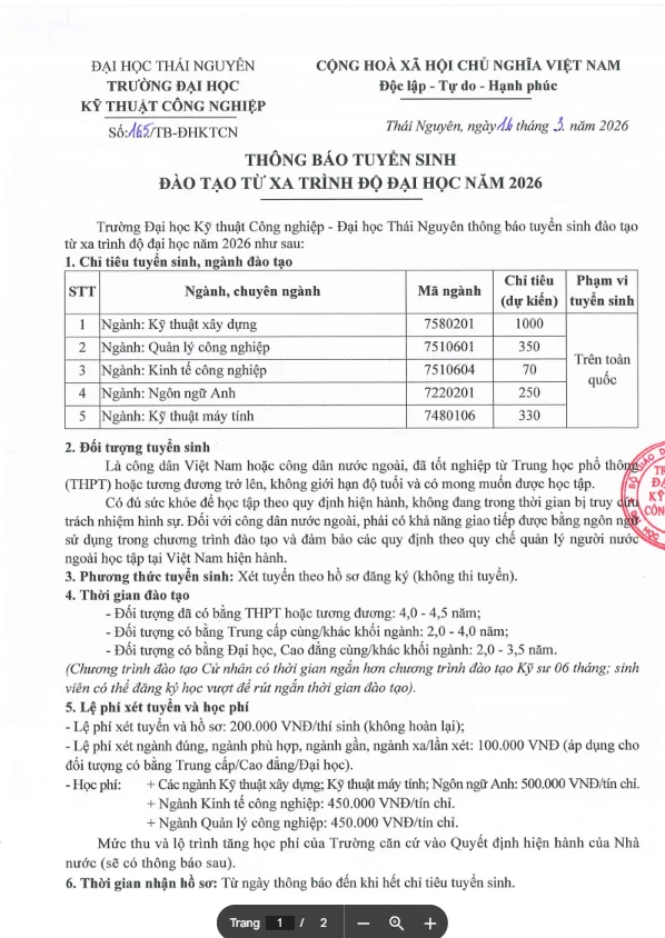 TRƯỜNG ĐẠI HỌC KỸ THUẬT CÔNG NGHIỆP TNUT