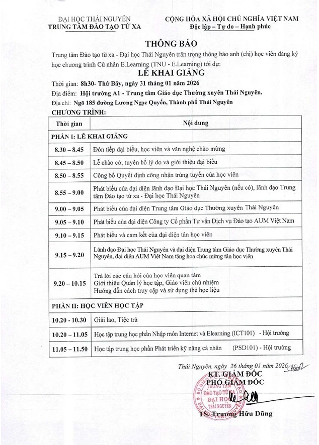 🎓[THÔNG BÁO] LỄ KHAI GIẢNG CHƯƠNG TRÌNH CỬ NHÂN E-LEARNING  TNU 2026 TẠI THÁI NGUYÊN