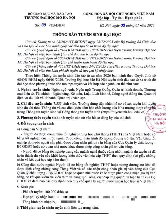 Thông báo chính thức tuyển sinh hệ đào tạo từ xa Đại học Mở Hà Nội 2026